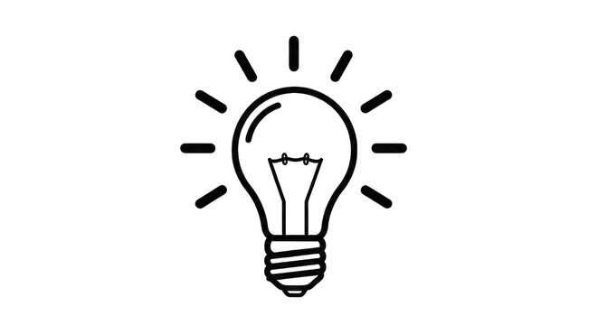 Simple line drawing of a glowing light bulb isolated on white isolated on transparent background