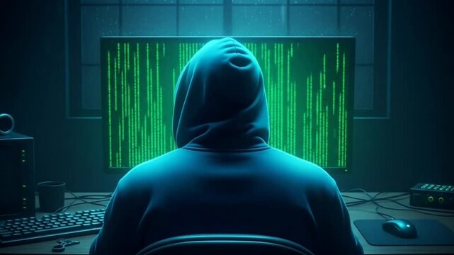 Digital Security Threat and Risk, Anonymous Hacker Sitting with Back to Code Screen, Programmer with Binary Code Screen