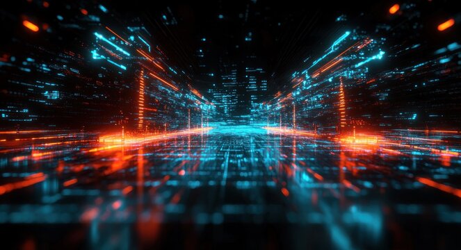 Futuristic digital grid with glowing blue and orange neon lines creating a tunnel effect and sense of depth and motion - Powered by Adobe