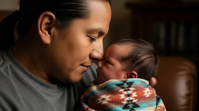Tender close-up of a loving Indigenous father gently touching noses with his newborn baby, wrapped in a culturally patterned blanket, symbolizing family bond and new life indoors.