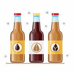 Collection of three brown glass bottles with different labels, perfect for beverage and refreshment concepts