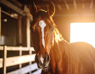 Horse in stable bathed in sunlight