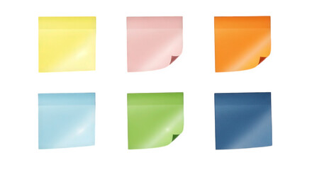 Six colorful sticky notes isolated on transparent background