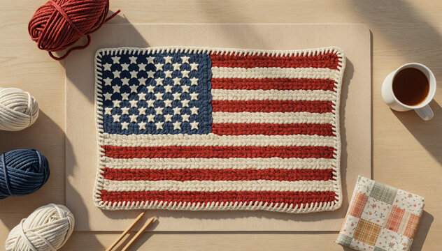 Knitted American Flag with Yarn and Needles on Wooden Table Craft Scene