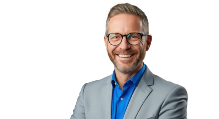 Smiling man with glasses wearing a suit isolated on transparent background