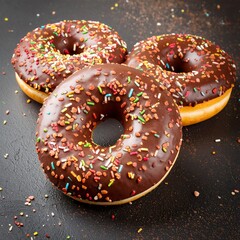 Chocolate glazed donuts with sprinkles on dark surface