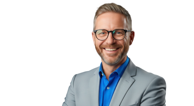 Smiling man with glasses wearing a suit isolated on transparent background
