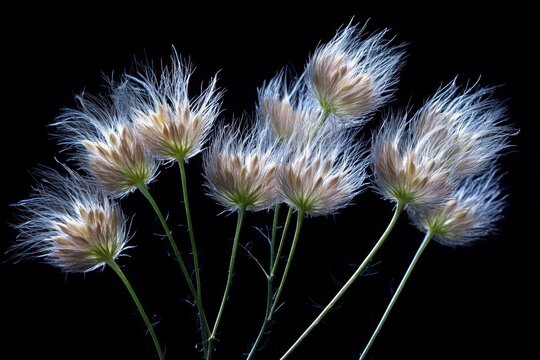 Close-up of delicate fluffy seed heads with feathery white strands on slender green stems against a black background, evoking a sense of lightness and softness
