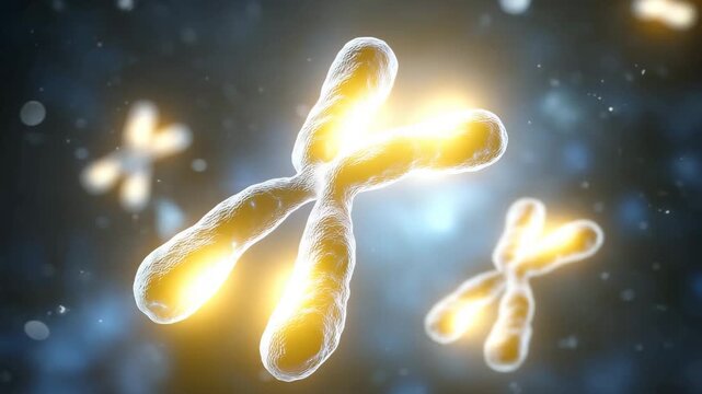 male chromosomes with glowing centromeres in blue microscopic environment representing genetic structure and DNA science concept