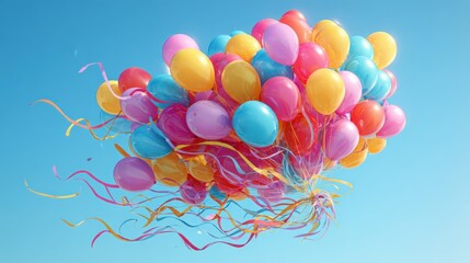 Vibrant Bunch of Colorful Balloons Floating Against a Clear Blue Sky, Celebration Concept.