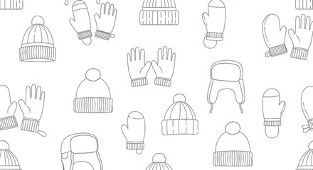 Pattern Vector SVG Design with Winter Hat and Glove Outline Icons Minimalist Style