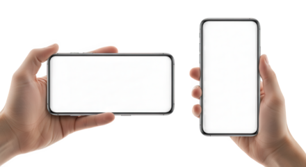 Hands holding smartphone in landscape and portrait mode isolated on transparent background