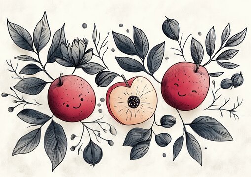 Illustration of two smiling red apples and one half apple surrounded by various stylized dark leaves and small berries on a light background, evoking a cheerful and whimsical mood - Powered by Adobe