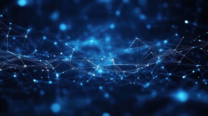 Abstract digital network visualization with interconnected glowing nodes and lines on a dark blue background conveying connectivity and data flow
