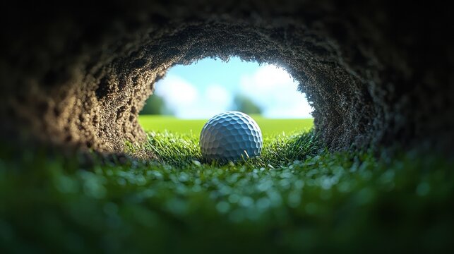 Close-up view from inside a golf hole with a golf ball resting on grass ready to be putted on a bright day