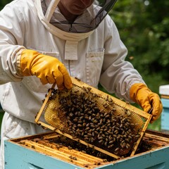 Beekeeper in a protective suit carefully inspecting a honeycomb frame full of bees at an apiary.