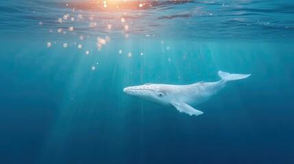 Blue Whale Underwater With Sunlight Rays Cinematic Marine Photography HDR Depicting Ocean Wildlife Animal Sea Adventure Aquatic Scenery And Tranquil Environment