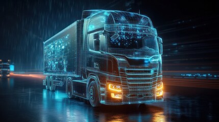Futuristic digital wireframe of a large commercial semi-truck at night with glowing lights and a high-tech urban background
