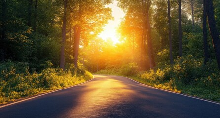 Fototapeta premium Sunset casting golden light on a winding forest road surrounded by tall trees and lush greenery