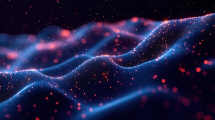 Abstract glowing blue waves with flowing mesh texture illuminated by scattered red lights creating a futuristic and dynamic digital landscape