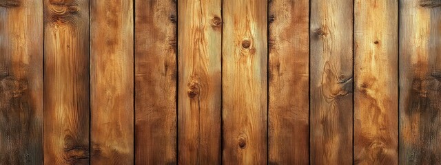 Naklejka premium Close-up of vertical wooden planks with natural grain, knots, and varying warm brown tones creating a rustic and textured surface