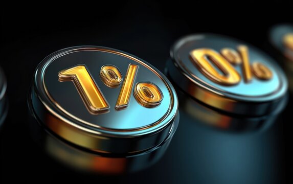 shiny metallic coins with golden percentage symbols 1% and 0% reflecting light on a dark surface representing financial or statistical concepts