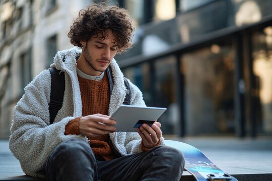 young man wearing warm clothes sitting outdoors holding and looking at a tablet with a skateboard next to him in an urban setting