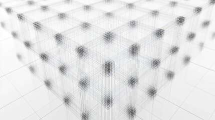 Abstract 3D wireframe cube composed of interconnected fine black lines and nodes on a white background, creating a futuristic geometric structure