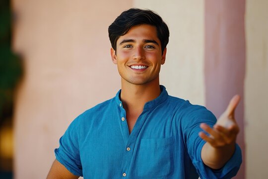 Man wearing a blue buttoned shirt extending his arm forward with an inviting gesture in a softly lit indoor setting