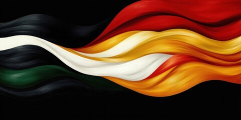 flowing abstract waves of curved smooth lines in red, orange, yellow, white, green, and black colors on a dark background representing dynamic movement and vibrant energy