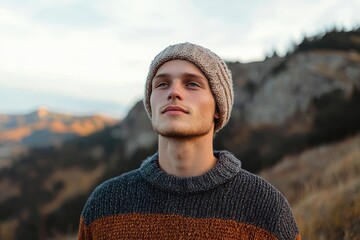 Young man wearing knitted sweater and beanie hat looking thoughtfully into the distance in a mountainous outdoor setting during sunset
