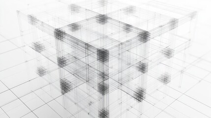 Abstract transparent wireframe cubes arranged in a three-dimensional grid pattern on a white background conveying a sense of structure and complexity