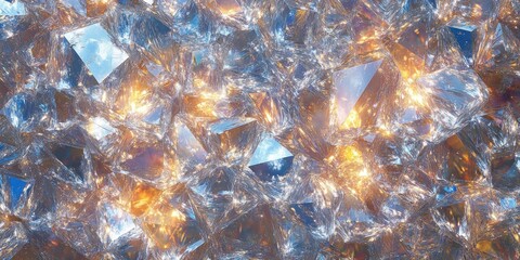Close-up view of numerous translucent crystalline structures reflecting blue and golden light with a sparkling and intricate icy texture