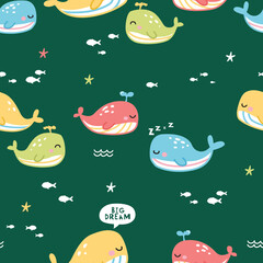 Cute Whale Seamless Illustration for baby, nursery, Card, and Wall Art 