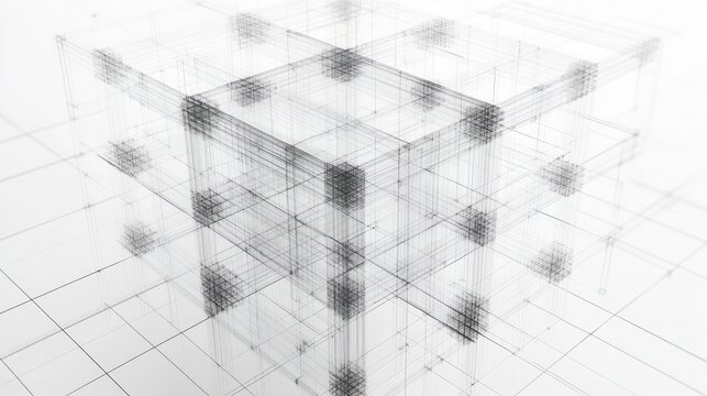 Abstract transparent wireframe cubes arranged in a three-dimensional grid pattern on a white background conveying a sense of structure and complexity - Powered by Adobe