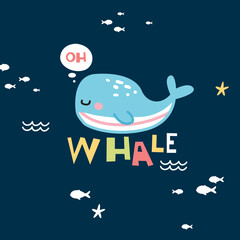 Hand Drawn Cute Whale for baby, nursery, Card, and Wall Art