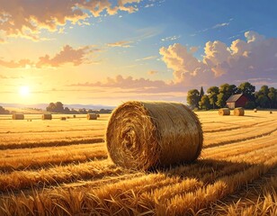 Golden Harvest at Sunset, a Peaceful Rural Scene