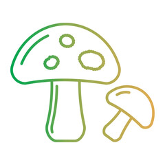 Illustration of Two Mushrooms, Autum Line Icon, in Green Gradient on White Background