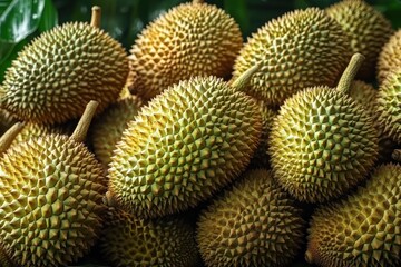 Close-up of a pile of fresh durian fruits with spiky green shells under natural light