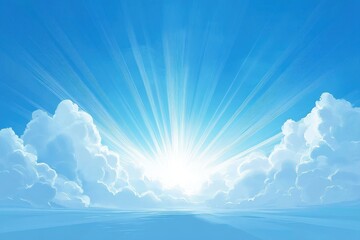 Bright sunburst shining through fluffy white clouds in a clear blue sky, evoking a sense of calm and hope