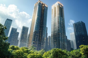 Obraz premium Tall modern skyscrapers towering above lush green trees under a clear blue sky with soft clouds, symbolizing urban development blending with nature