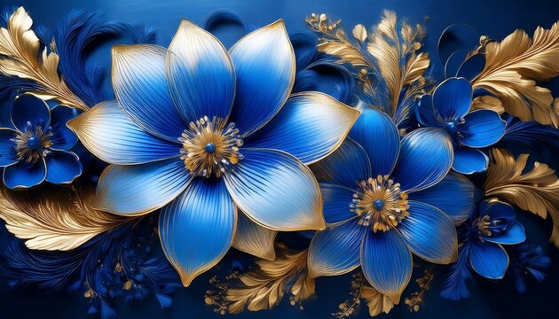 Elegant Blue Flowers With Golden Accents For Decorative Background Art