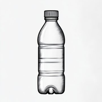Detailed black and white sketch of a plastic water bottle with a cap on a plain white background