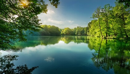 Obraz premium Tranquil Lake Surrounded By Lush Green Trees And Reflected Sunlight