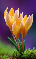 Close-up of three vibrant orange-peach colored flowers emerging from a bed of lush green moss, showcasing delicate petals and vibrant hues against a soft purple backdrop.