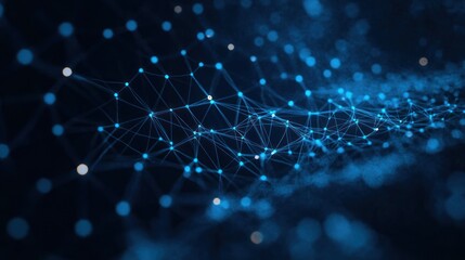 Glowing blue network of interconnected points and lines on a dark background representing digital connections or data flow