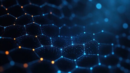 Abstract digital network composed of glowing blue and orange connected hexagonal nodes forming a futuristic technology grid