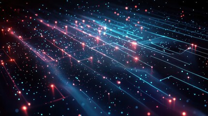 Glowing interconnected blue and red digital lines resembling a futuristic network with scattered particles on a dark background, evoking a high-tech and dynamic atmosphere