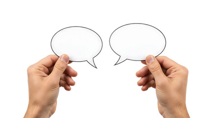 Two speech bubbles are held by two hands, symbolizing conversation and communication. The speech bubbles are blank, ready for a message, isolated on transparent background