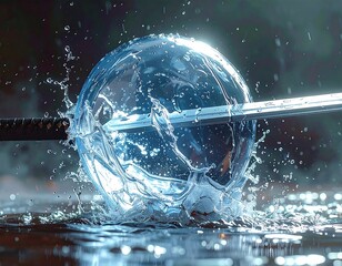 A sword pierces a crystalline sphere, creating water splashes